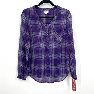 NWT MERONA Blue Red Plaid Sheer Henley Long Sleeve Blouse Size XS